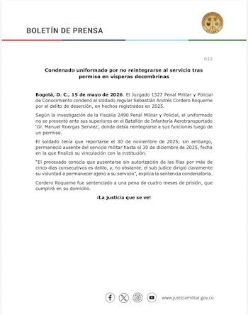 La autoridad judicial consideró que había conocimiento previo de las consecuencias y que la inasistencia del militar superó el plazo legal permitido, motivando la medida restrictiva de libertad - crédito Justicia Penal Militar