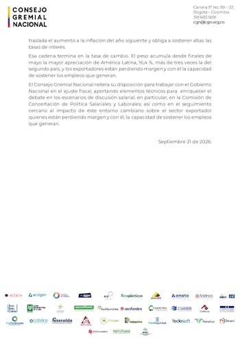 El Consejo Gremial vinculó la apreciación con el desajuste fiscal, que afecta la formación de precios y las decisiones de ahorro e inversión - crédito Consejo Gremial Nacional