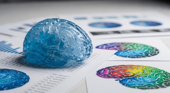 Un cerebro humano transparente impreso en 3D sobre documentos con tablas de datos numéricos y mapas cerebrales coloridos en una mesa blanca.