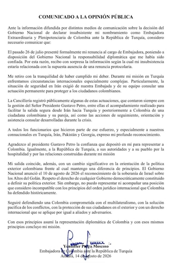 Yennifer Edilma Parra Moscoso renunció a su cargo como embajadora de Colombia ante el Gobierno de la República de Turquía el 26 de julio - crédito Suministrada a Infobae Colombia