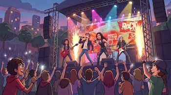 Ilustración de músicos cantando y tocando guitarra en un escenario iluminado ante una multitud durante la noche.
