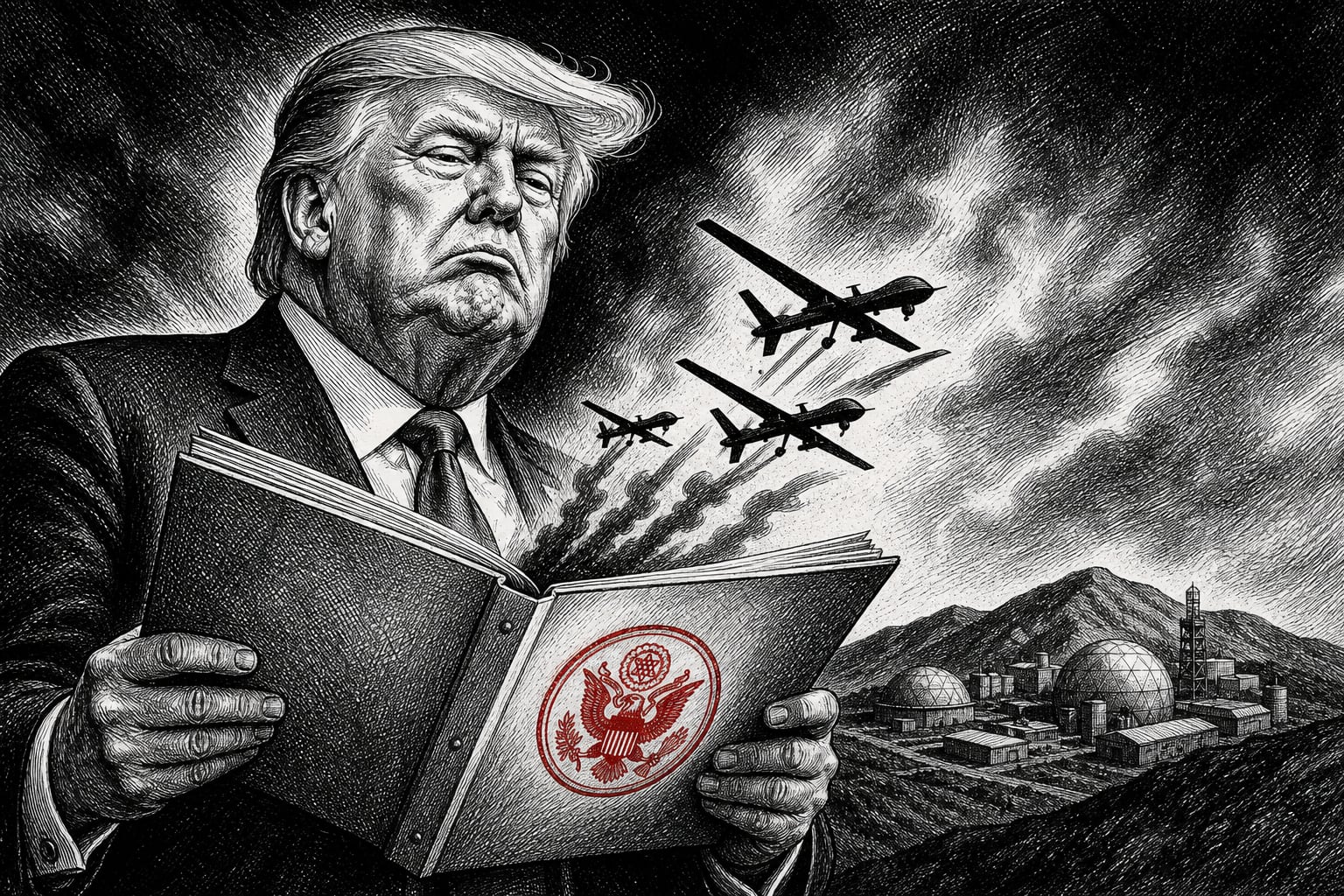Donald Trump sostiene un expediente del Departamento de Estado de Estados Unidos del que salen drones hacia una base. (Imagen Ilustrativa Infobae)