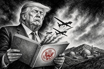 Ilustración en blanco y negro de Donald Trump con un libro de sello rojo del que emergen tres drones militares cerca de unas colinas.