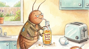 Ilustración de una cucaracha con lentes y chaqueta bebiendo un refresco con popote de una botella en un mostrador de cocina con migas y azúcar derramado.