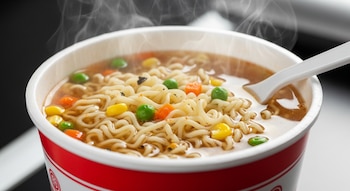Primer plano de una taza de sopa instantánea Maruchan humeante con fideos, guisantes verdes, maíz amarillo y trozos de zanahoria, con una cuchara blanca.