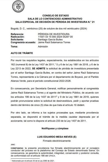 El Consejo de Estado notificará personalmente a Salamanca y al agente del Ministerio Público sobre el proceso - crédito X