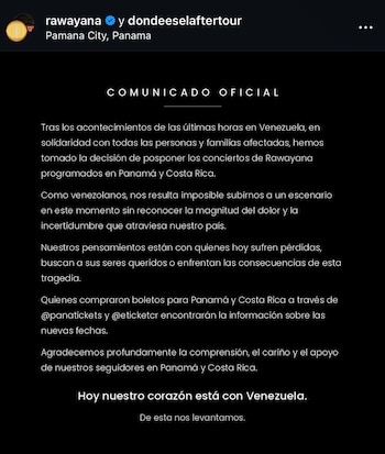 Mensaje emitido por la agrupación venezolana en sus redes sociales. (Instagram)