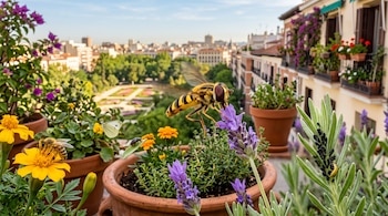 Un sírfido vuela junto a flores de lavanda en una terraza con macetas, acompañado por una abeja, una mariposa y la ciudad al fondo.
