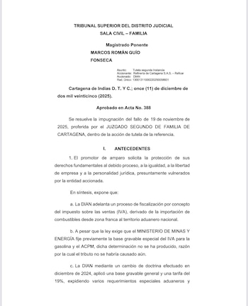 La disputa entre Reficar y la Dian se centra en la tarifa del IVA para importaciones de gasolina y diésel entre 2022 y 2024 - crédito Tribunal Superior del Distrito Judicial de Cartagena