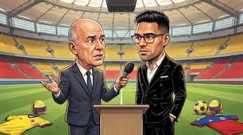 Caricatura de Carlos Antonio Vélez con micrófono y Falcao García con gafas en un estadio, con balones y camisetas de Colombia en el césped.