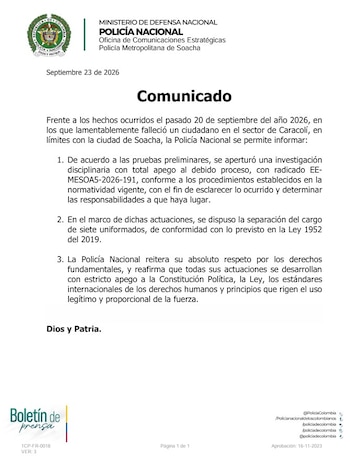 La Policía Metropolitana de Soacha compartió el comunicado la mañana del miércoles 23 de septiembre de 2026 - crédito Mesoa
