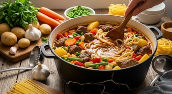 Vista cenital de una olla de hierro esmaltado con guiso de fideos, carne, papas, zanahorias y verduras coloridas, una mano remueve con cuchara de madera.
