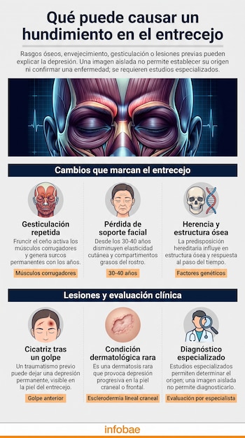 Infografía explicativa con esquemas anatómicos y textos sobre los factores que provocan hundimientos o surcos en la piel del entrecejo.