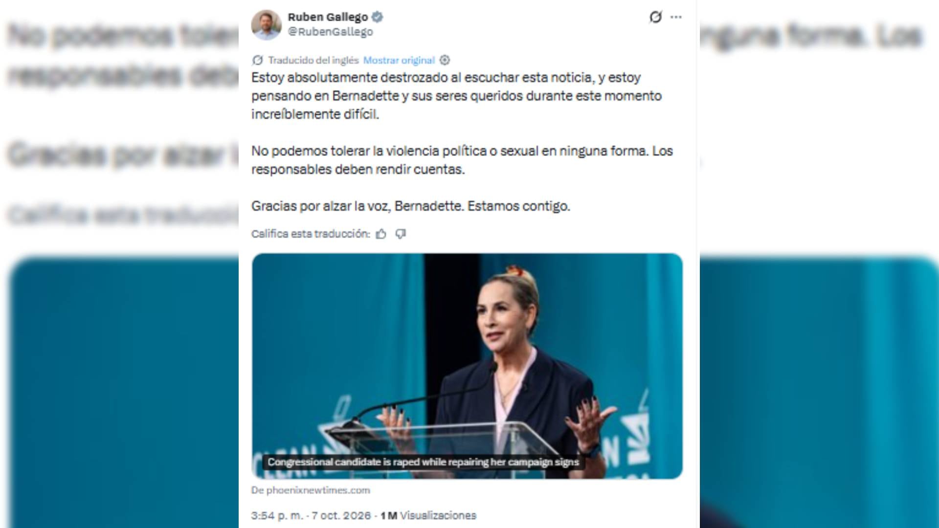 Una publicación en la red social X del político Ruben Gallego condena la agresión contra la candidata Bernadette. (@RubenGallego)