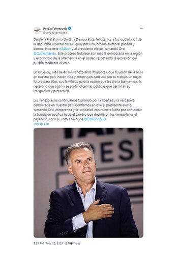 La PUD espera que Orsi se solidarice con la lucha por la transición en Venezuela tuit