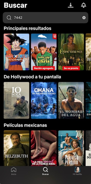 Captura de pantalla de la app de Netflix mostrando la página de búsqueda con '7442' en la barra y una cuadrícula de pósteres de películas y series