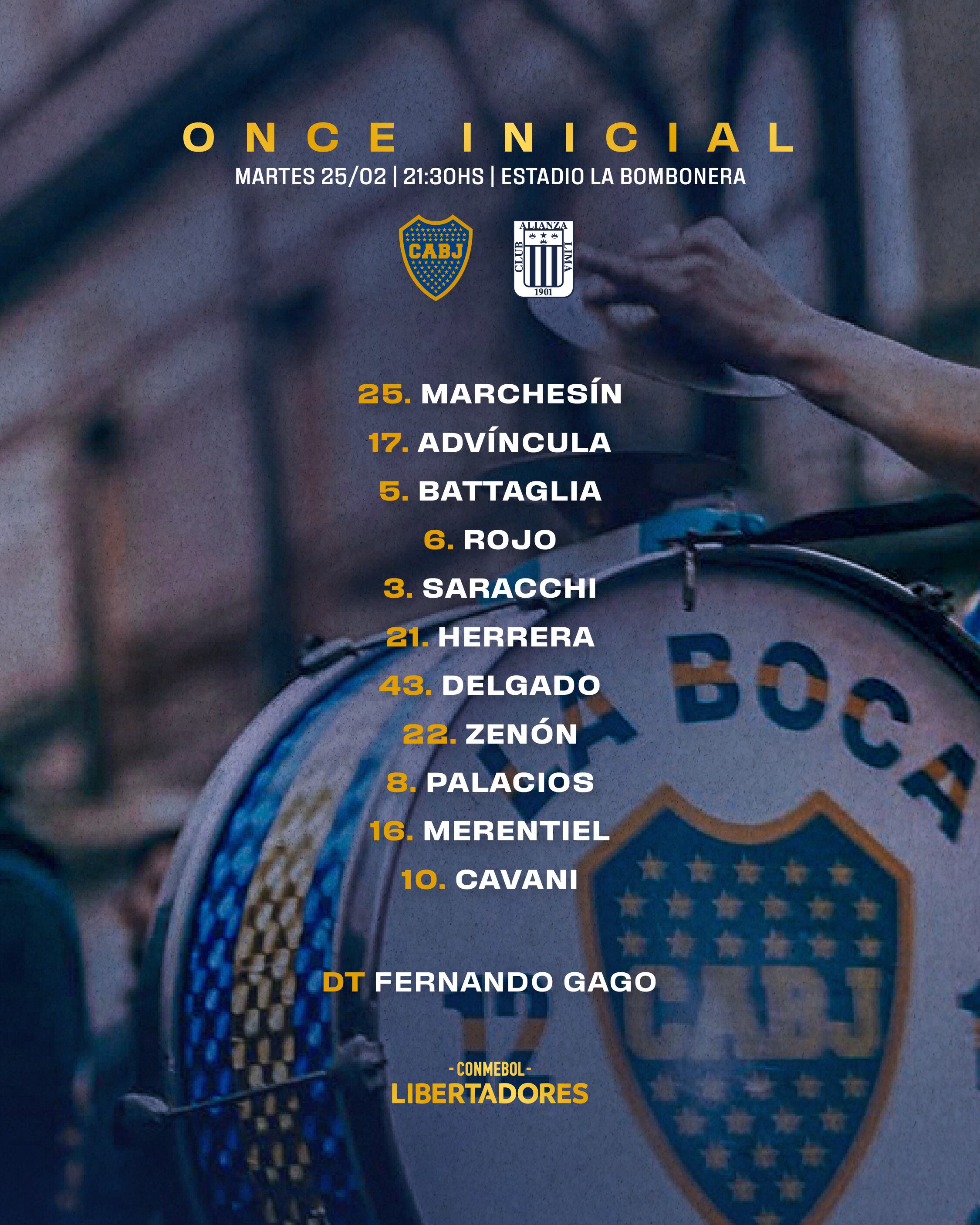 Once de Boca Juniors ante Alianza Lima por la vuelta de la Copa Libertadores 2025.