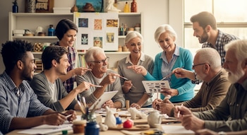 Un grupo intergeneracional de ocho personas sonríe y señala mientras participa en un taller de arte. La mesa tiene pinceles, pinturas y trabajos manuales.
