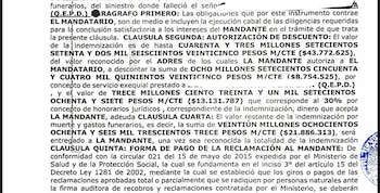 Documento muestra descuentos de $21,8 millones en una reclamación. El contrato contempla $13,1 millones por honorarios jurídicos y $8,7 millones por servicios exequiales. - crédito @LuisRussi4/X