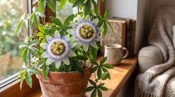 Una planta de pasionaria con dos flores de pétalos blancos, filamentos morados y estambres amarillos en una maceta, sobre un alféizar de madera.