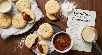 Vista aérea de gorditas de leche condensada rellenas de cajeta en platos, un tazón de cajeta, leche condensada, harina y una receta sobre madera.