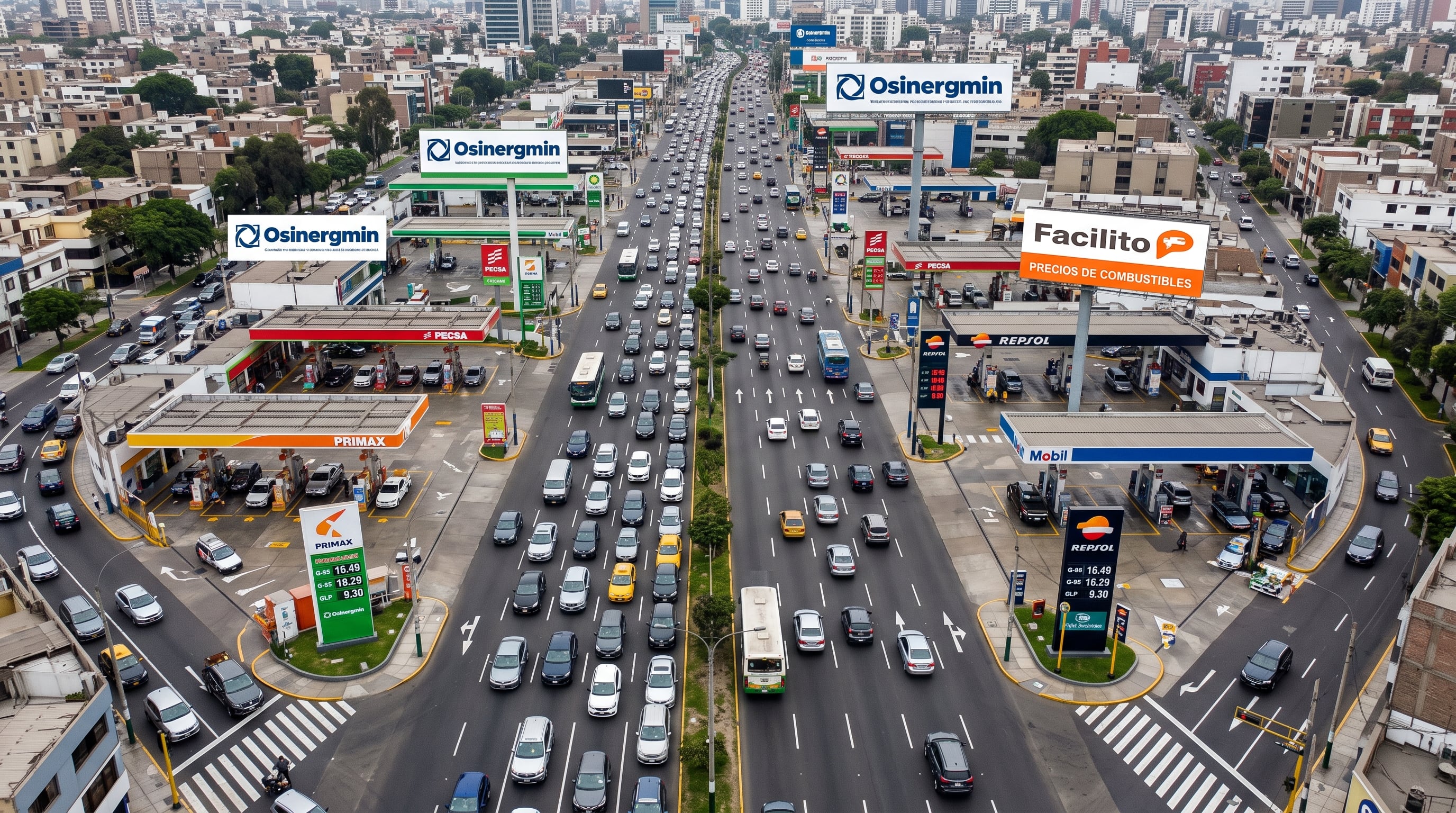 Estaciones de servicio exhiben paneles con precios de combustibles de Osinergmin y Facilito a lo largo de una avenida en Lima. (Imagen Ilustrativa Infobae)