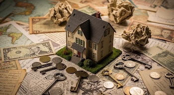 Casa en miniatura sobre papeles, mapas, billetes de dólar y documentos con texto cursivo. Llaves antiguas y monedas metálicas se esparcen alrededor.