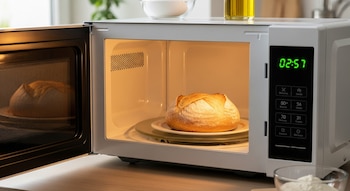 Un pan redondo dorado sobre un plato blanco dentro de un microondas blanco con la puerta abierta, mostrando un temporizador digital en 02:57.