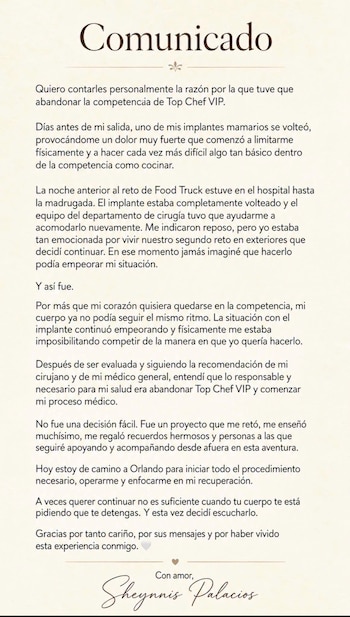 Abandonó Top Chef VIP por complicaciones con un implante mamario, anunció Sheynnis Palacios.