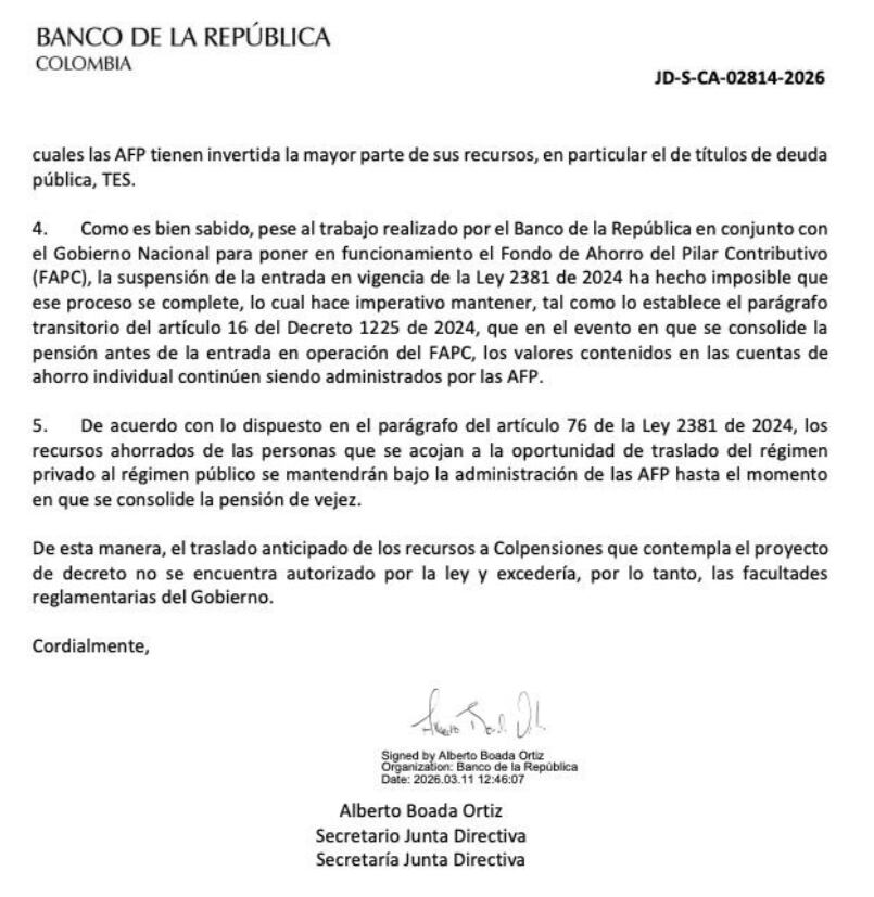 El Banco de la República alertó que el traslado anticipado de recursos pensionales no está autorizado por la ley y podría generar riesgos en los mercados financieros - crédito Paloma Valencia