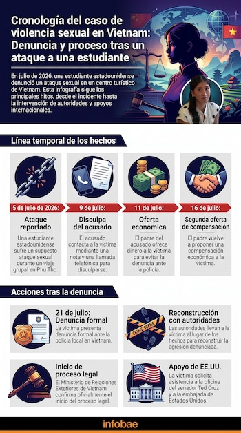 Infografía con una línea temporal dividida en recuadros con íconos, fechas, texto explicativo en español y el logotipo de Infobae.
