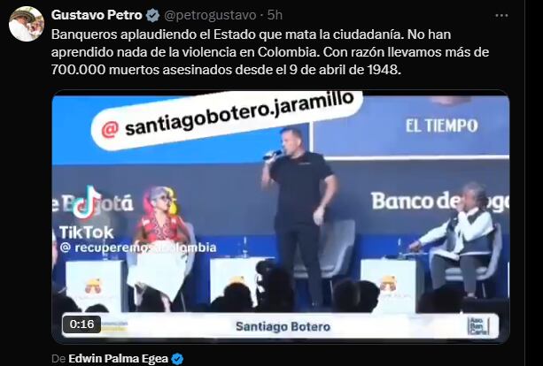 El jefe de Estado expresó su molestia por las palabras de Santiago Botero que aseguró que en el país no hay protesta social sino bandidos - crédito @petrogustavo/X