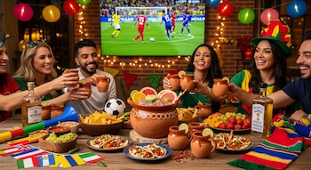 Um grupo de amigos sorridentes fazendo uma refeição com uma jarra de tequila de barro, rodeados de comidas, lanches e um telão com um jogo de futebol.