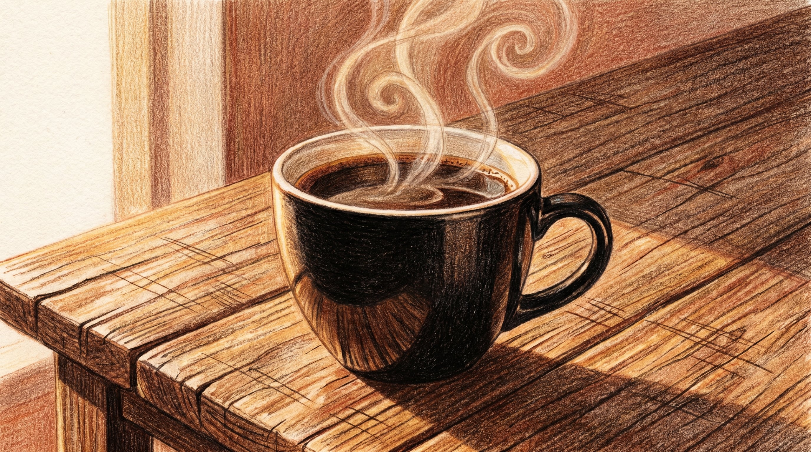 Una taza de café negra humeante se asienta sobre una mesa de madera texturizada, capturada en una ilustración de lápices de color con iluminación dorada. (Imagen Ilustrativa Infobae)