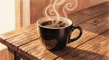 Ilustración a lápiz de color de una taza de café negra humeante sobre una mesa de madera rústica, con vapor ascendiendo en espirales y luz dorada lateral.