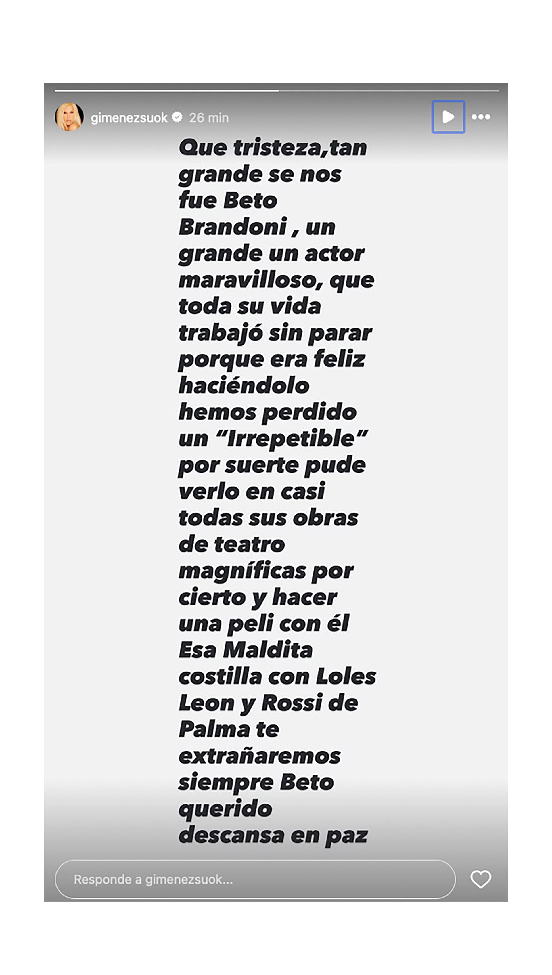 Diversas figuras del espectáculo, como Susana Giménez, destacaron el talento de Brandoni y su pasión por el trabajo durante toda su vida