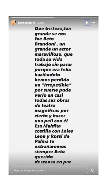 Las palabras de Susana para despedir a Brandoni