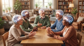 Cinco personas mayores están sentadas a una mesa de madera con ilustraciones translúcidas de cerebros iluminados sobre sus cabezas.