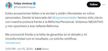 El representante Felipe Jiménez denunció la falta de garantías en el debate de la reforma pensional en la Cámara de Representantes - crédito @FelipeAntioquia/X