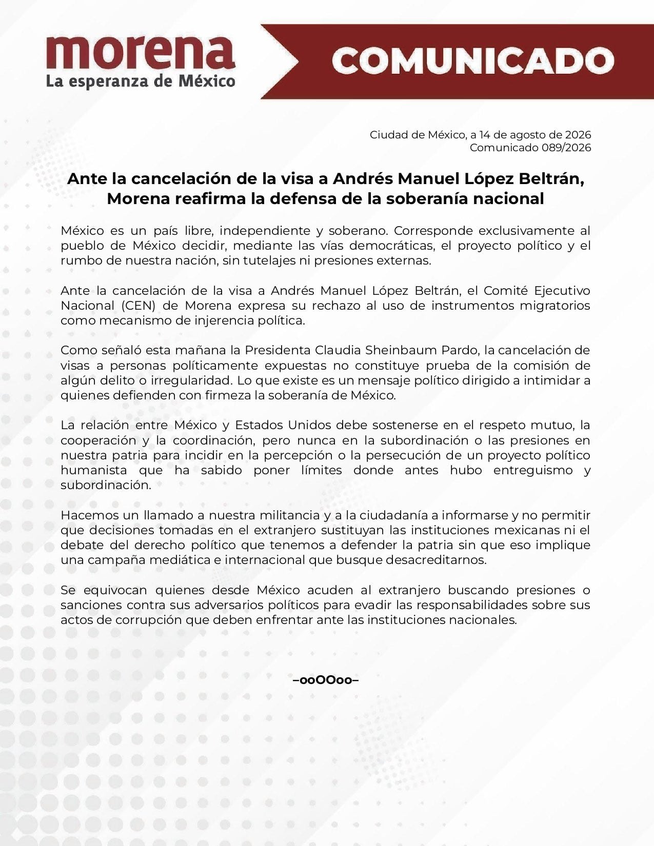 Comunicado de Morena.
