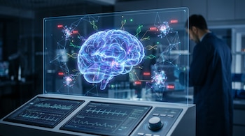 Una pantalla transparente muestra un cerebro humano brillante con conexiones neuronales y ADN flotante. Abajo, un panel de control con gráficos. Un científico se ve borroso al fondo.