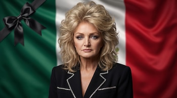Retrato de mujer rubia de cabello voluminoso, vestida de negro, con bandera de México de fondo y moño negro de luto en la esquina superior izquierda.
