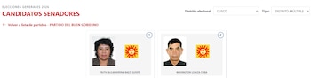 Captura de pantalla de una página web con el título "Candidatos Senadores" para Elecciones Generales 2026. Muestra fotos de Ruth Alejandrina Baez Quispe y Wasington Loaiza Cuba