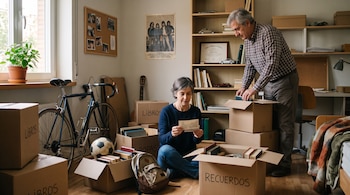 Una mujer sentada en el suelo mira una fotografía y un hombre de pie guarda libros en cajas de cartón junto a una bicicleta y una estantería.