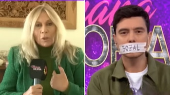 Pantalla dividida: Ana Rosenfeld con cabello rubio y chaqueta verde a la izquierda, y Gustavo Méndez con una cinta en la boca que dice 'BOZAL' a la derecha