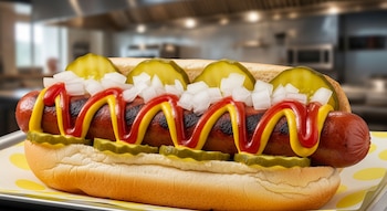 Un hot dog americano clásico en un pan, con salchicha Frankfurt a la parrilla, mostaza, ketchup, cebolla picada y rodajas de pepinillo, sobre una bandeja en una cocina moderna.