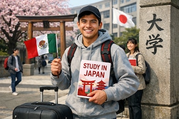 Un joven sonriente con mochila y maleta, sostiene la bandera de México y un libro. Al fondo, un torii, cerezos en flor y la bandera de Japón.
