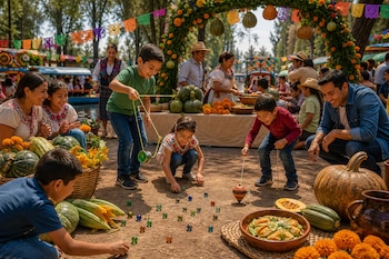Niños y adultos juegan con canicas, trompos y yoyos entre calabazas verdes, flores y adornos festivos cerca del agua.