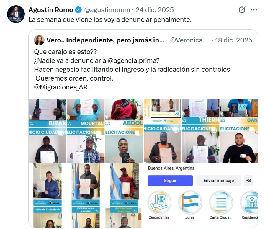 Captura de pantalla del diputado bonaerense Agustín Romo en repudio a la firma Agencia Prima