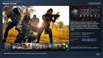 Cuatro personajes armados con rifles en un entorno desértico con palmeras y vegetación seca, con el sol al fondo